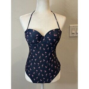Gap Molded Bandeau Flamingos Dark Indigo One Piece Swimsuit Size Medium AT3398e